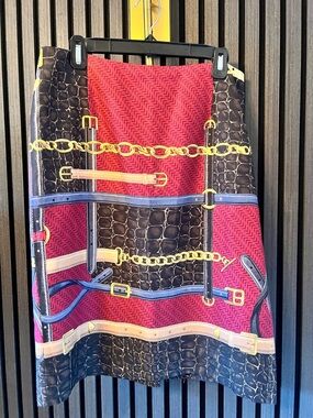 Chain & Belt Pattern Midi Skirt in Red, Black and Blue.lined